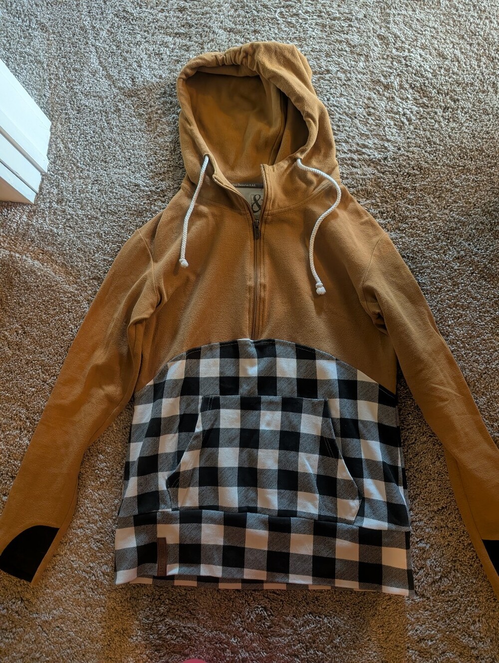 Ampersand Ave Hooded Pullover Fall Sweater in Caramel with Black & White Plaid